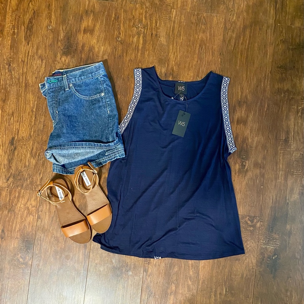 Anthropologie W5 Navy Embroidered Sleeveless Top